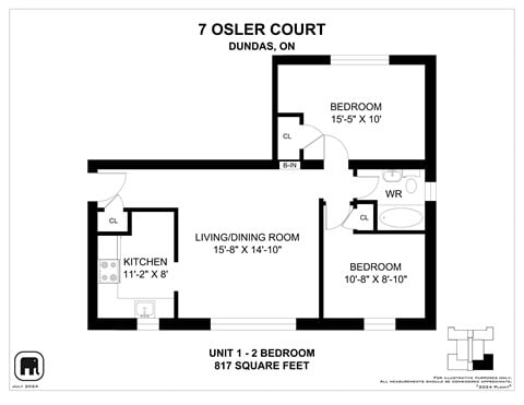 Floor plan for 2 beds, 1 bath, 818 sqft